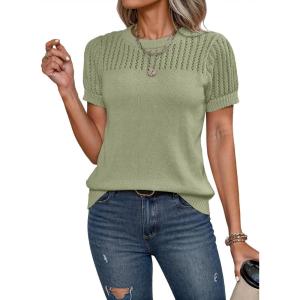 imageDokotoo Womens Summer Tops Dressy Casual Crewneck Short Sleeve Shirts Solid Hollow Out Knit Loose Sweater BlousesLight Green