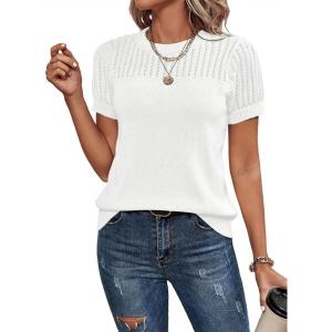 imageDokotoo Womens Summer Tops Dressy Casual Crewneck Short Sleeve Shirts Solid Hollow Out Knit Loose Sweater BlousesWhite
