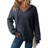 imageDokotoo Womens Hoodies Oversized Sweatshirts Ribbed Knit Long Sleeve Drawstring V Neck Casual Pullover Sweatshirt Hooded TopsBlue