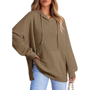 imageDokotoo Oversized Hoodies for Women Casual Long Sleeve Waffle Knit Drawstring Side Slit Pullover Sweatshirts with PocketKhaki