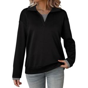imageDokotoo Sweatshirt for Women Long Sleeve V Neck Color Block Oversized Casual Pullover Sweatshirts TopsBlack