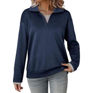 imageDokotoo Sweatshirt for Women Long Sleeve V Neck Color Block Oversized Casual Pullover Sweatshirts TopsBlue