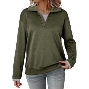 imageDokotoo Sweatshirt for Women Long Sleeve V Neck Color Block Oversized Casual Pullover Sweatshirts TopsGreen