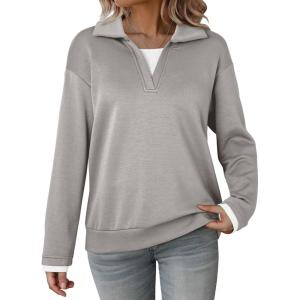 imageDokotoo Sweatshirt for Women Long Sleeve V Neck Color Block Oversized Casual Pullover Sweatshirts TopsGrey
