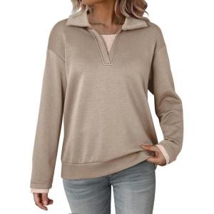 imageDokotoo Sweatshirt for Women Long Sleeve V Neck Color Block Oversized Casual Pullover Sweatshirts TopsKhaki