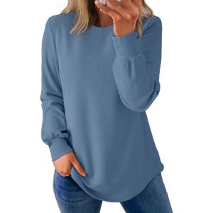 imageDokotoo Womens Crew Neck Long Sleeve Shirts Waffle Knit Loose Tops Basic Tees 2025 Casual Comfy Fall Outfits ClothesBlue