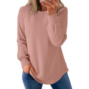 imageDokotoo Womens Crew Neck Long Sleeve Shirts Waffle Knit Loose Tops Basic Tees 2025 Casual Comfy Fall Outfits ClothesPink