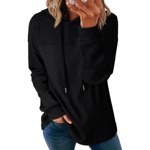 imageDokotoo Womens Hoodies Casual Waffle Knit Long Sleeve Drawstring Pullover Sweatshirts Lightweight Hooded TopsBlack