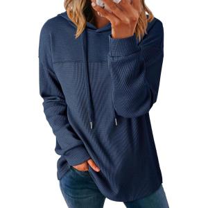 imageDokotoo Womens Hoodies Casual Waffle Knit Long Sleeve Drawstring Pullover Sweatshirts Lightweight Hooded TopsDark Blue