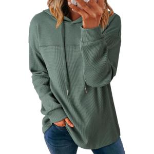 imageDokotoo Womens Hoodies Casual Waffle Knit Long Sleeve Drawstring Pullover Sweatshirts Lightweight Hooded TopsGreen