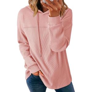 imageDokotoo Womens Hoodies Casual Waffle Knit Long Sleeve Drawstring Pullover Sweatshirts Lightweight Hooded TopsPink