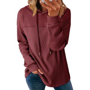imageDokotoo Womens Hoodies Casual Waffle Knit Long Sleeve Drawstring Pullover Sweatshirts Lightweight Hooded TopsRed