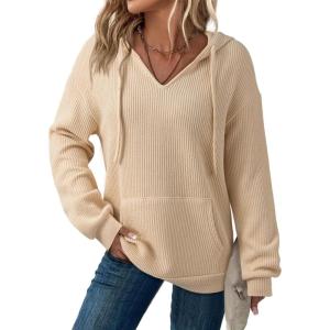 imageDokotoo Womens Hoodies Oversized Sweatshirts Ribbed Knit Long Sleeve Drawstring V Neck Casual Pullover Sweatshirt Hooded TopsApricot