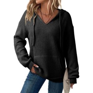 imageDokotoo Womens Hoodies Oversized Sweatshirts Ribbed Knit Long Sleeve Drawstring V Neck Casual Pullover Sweatshirt Hooded TopsBlack