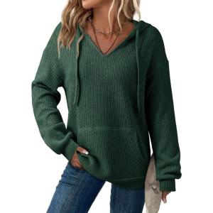 imageDokotoo Womens Hoodies Oversized Sweatshirts Ribbed Knit Long Sleeve Drawstring V Neck Casual Pullover Sweatshirt Hooded TopsGreen