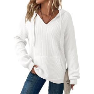 imageDokotoo Womens Hoodies Oversized Sweatshirts Ribbed Knit Long Sleeve Drawstring V Neck Casual Pullover Sweatshirt Hooded TopsWhite