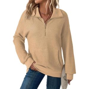 imageDokotoo Womens Oversized Sweatshirts Quarter Zip Pullover Women 2025 Fall Fashion Long Sleeve Tops Outfits ClothesParchment