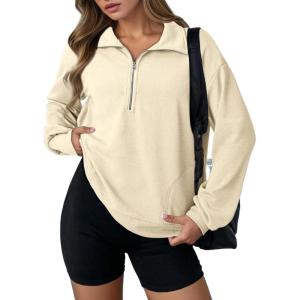 imageDokotoo Womens Sweatshirt Waffle Knit Long Sleeve Lapel Half Zip Up Casual Lightweight Soft Sweatshirts Loose Pullover TopsApricot