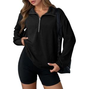 imageDokotoo Womens Sweatshirt Waffle Knit Long Sleeve Lapel Half Zip Up Casual Lightweight Soft Sweatshirts Loose Pullover TopsBlack