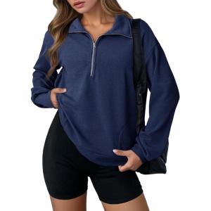 imageDokotoo Womens Sweatshirt Waffle Knit Long Sleeve Lapel Half Zip Up Casual Lightweight Soft Sweatshirts Loose Pullover TopsBlue
