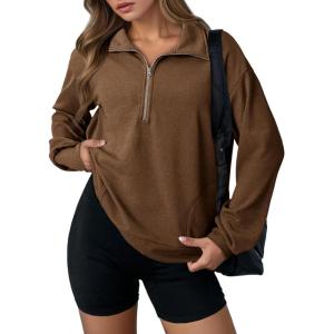 imageDokotoo Womens Sweatshirt Waffle Knit Long Sleeve Lapel Half Zip Up Casual Lightweight Soft Sweatshirts Loose Pullover TopsBrown