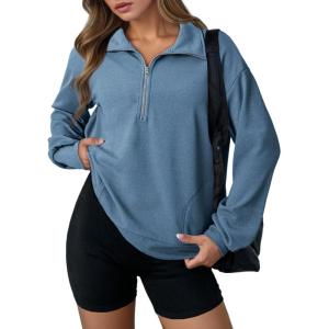 imageDokotoo Womens Sweatshirt Waffle Knit Long Sleeve Lapel Half Zip Up Casual Lightweight Soft Sweatshirts Loose Pullover TopsDusk Blue