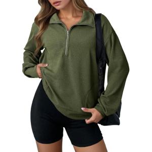 imageDokotoo Womens Sweatshirt Waffle Knit Long Sleeve Lapel Half Zip Up Casual Lightweight Soft Sweatshirts Loose Pullover TopsGreen