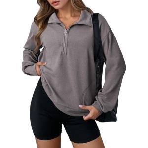 imageDokotoo Womens Sweatshirt Waffle Knit Long Sleeve Lapel Half Zip Up Casual Lightweight Soft Sweatshirts Loose Pullover TopsGrey