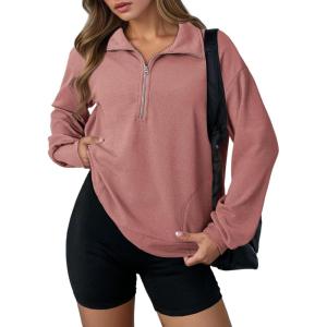 imageDokotoo Womens Sweatshirt Waffle Knit Long Sleeve Lapel Half Zip Up Casual Lightweight Soft Sweatshirts Loose Pullover TopsPink