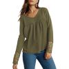 imageDokotoo Womens Tops Casual V Neck Long Sleeve Waffle Knit Textured Lace Hollow Out Shirts Loose Tunic Tops BlousesJungle Green