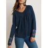 imageDokotoo Womens Tops Casual V Neck Long Sleeve Waffle Knit Textured Lace Hollow Out Shirts Loose Tunic Tops BlousesSail Blue