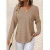 imageDokotoo Womens Tops Waffle Knit Long Sleeve Notched V Neck Shirts Casual Trendy Solid Color Loose BlousesKhaki