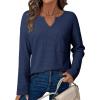 imageDokotoo Womens Tops Waffle Knit Long Sleeve Notched V Neck Shirts Casual Trendy Solid Color Loose BlousesBlue