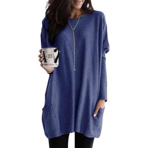 imageDokotoo Fall Womens Tunic Tops Loose Fit Dressy Long Sleeve Casual Long Shirts with PocketsB Blue