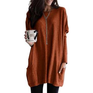 imageDokotoo Fall Womens Tunic Tops Loose Fit Dressy Long Sleeve Casual Long Shirts with PocketsB Brown