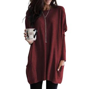imageDokotoo Fall Womens Tunic Tops Loose Fit Dressy Long Sleeve Casual Long Shirts with PocketsB Red