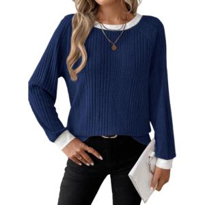 imageDokotoo Long Sleeve Shirts for Women Casual Fashion Loose Fit Womens Tops Crewneck Basic Pullover TunicsNavy Blue