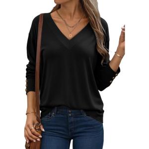 imageDokotoo Womens Casual Long Sleeve V Neck Pullover Shirts Loose Fit Lightweight Knit TopsBlack