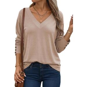 imageDokotoo Womens Casual Long Sleeve V Neck Pullover Shirts Loose Fit Lightweight Knit TopsParchment