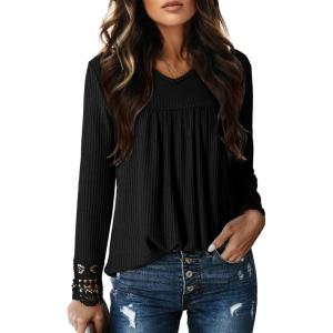 imageDokotoo Womens Tops Casual V Neck Long Sleeve Waffle Knit Textured Lace Hollow Out Shirts Loose Tunic Tops BlousesBlack