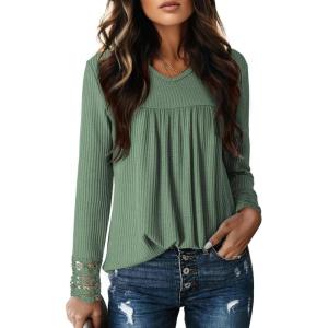 imageDokotoo Womens Tops Casual V Neck Long Sleeve Waffle Knit Textured Lace Hollow Out Shirts Loose Tunic Tops BlousesGreen Bay