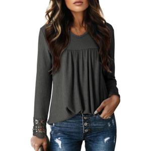 imageDokotoo Womens Tops Casual V Neck Long Sleeve Waffle Knit Textured Lace Hollow Out Shirts Loose Tunic Tops BlousesGrey