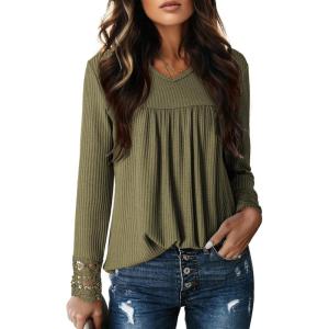 imageDokotoo Womens Tops Casual V Neck Long Sleeve Waffle Knit Textured Lace Hollow Out Shirts Loose Tunic Tops BlousesJungle Green