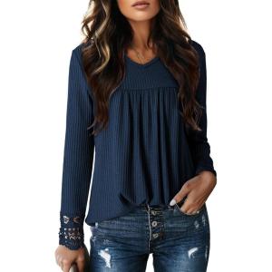 imageDokotoo Womens Tops Casual V Neck Long Sleeve Waffle Knit Textured Lace Hollow Out Shirts Loose Tunic Tops BlousesSail Blue