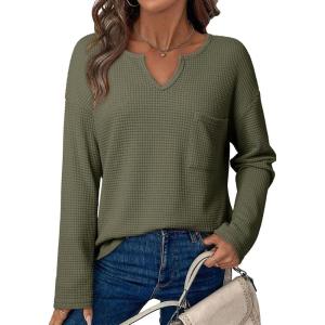 imageDokotoo Womens Tops Waffle Knit Long Sleeve Notched V Neck Shirts Casual Trendy Solid Color Loose BlousesGreen