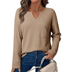 imageDokotoo Womens Tops Waffle Knit Long Sleeve Notched V Neck Shirts Casual Trendy Solid Color Loose BlousesKhaki