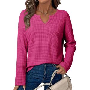 imageDokotoo Womens Tops Waffle Knit Long Sleeve Notched V Neck Shirts Casual Trendy Solid Color Loose BlousesRosy