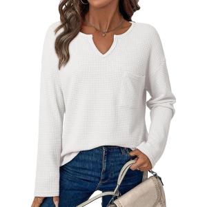 imageDokotoo Womens Tops Waffle Knit Long Sleeve Notched V Neck Shirts Casual Trendy Solid Color Loose BlousesWhite
