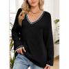imageDokotoo Womens Sweaters Casual V Neck Long Sleeve Contrast Knit Pullover Sweater Solid Fall Outfits TopsBlack