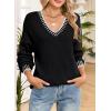 imageDokotoo Womens Sweaters Casual V Neck Long Sleeve Contrast Knit Pullover Sweater Solid Fall Outfits TopsBlack